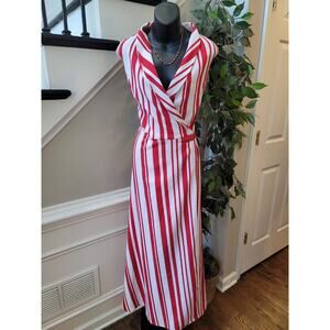 Ashley Stewart Maxi Dress Womens 22 Red White Striped Shawl Lapel Party/Cocktail